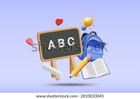 3d vector cute chalkboard ABC with school elements, blue backpack, open book, yellow pencil, ruler and creative lightbulb for education concept (Non-AI: 3D Render Ref - Manual Vector)