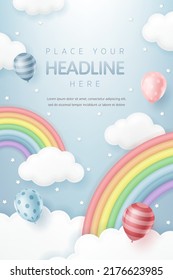 Farbiger Regenbogen mit Ballons und kleinen Sternen auf blauem Hintergrund für Kinderbanner, Karten, Party, Babydusche, Online-Shopping, Verkaufsförderung, Tapete in den sozialen Medien