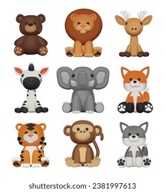 3D Vector Cute Realistic Animals Set Characters isolated white background.