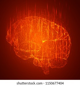3D vector cyber brain. neural network mega-data processing, template interface design on a red background.