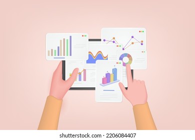 3d concepto de análisis de datos vectoriales. Comprimido de mano con tabla de datos. Marketing en línea, gráfico de informes financieros, análisis de datos y concepto de desarrollo web. Ilustración vectorial 3d.