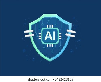 3D Vector Data Protection shield with Ai technology microchip illustration design concept. Artificial intelligence Protection Guard Symbol for cyber security, big data, infographic, advance technology