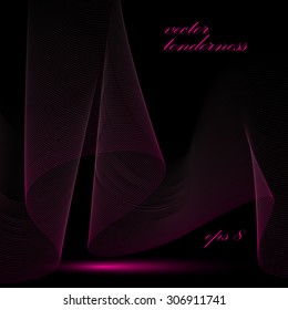 3d vector decorative background with curved transparent dynamic ribbon. Wonderful dark romantic aerial textile composition. Dark red chiffon tulle.
