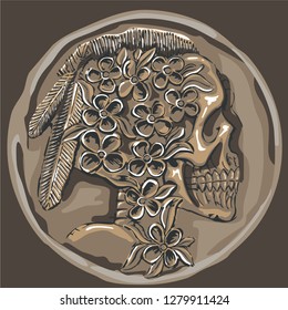 3D vector decorative graphic old coin with skull head with flowers and Feathers nice for Halloween party, Day of the Dead Game, tattoo design, book illustration, baby room wallpaper or other print    