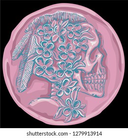 3D vector decorative graphic old coin with skull head with flowers and Feathers nice for Halloween party, Day of the Dead Game, tattoo design, book illustration, baby room wallpaper or other print    