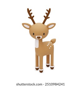 3D vector deer. A cute character with a white breast and spots. Cartoon character in 3D plastic style. Cute forest animal. Vector illustration isolated on white background.