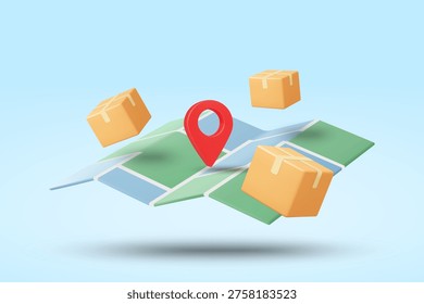3d vector delivery logistics concept with map red pointer pin location and cardboard boxes floating for online shopping service transport warehouse distribution tracking navigation and shipping.