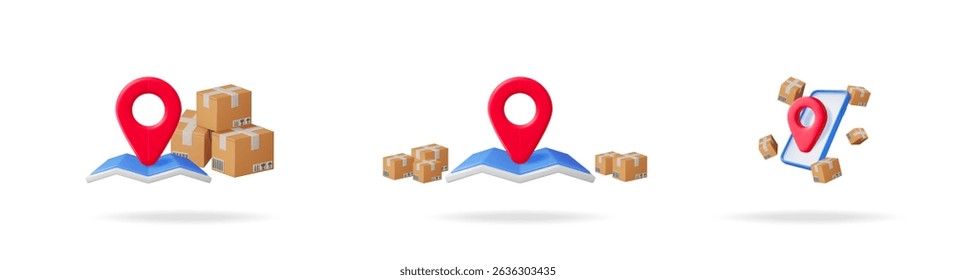 3d vector delivery set with map pointer, smartphone and cardboard box for tracking shipping and logistic business. Online parcel delivery service.