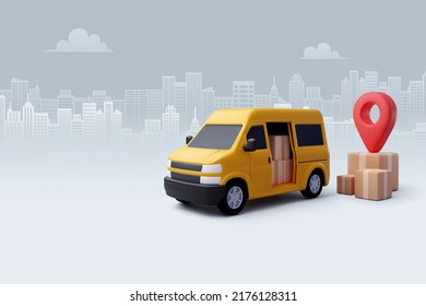 3d Vector Delivery Van with Box cargo, Delivery and online shopping concept. Eps 10 Vector.