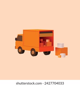 3d vector delivery van with boxes. Delivery  shopping concept. Orange car. Logistics