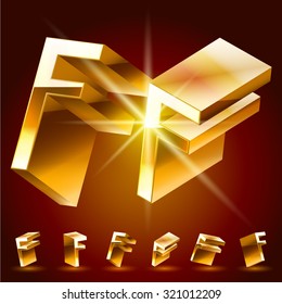 3D vector deluxe alphabet of randomly rotated thin golden symbols. All symbols in set have 8 random points of view. Letter F