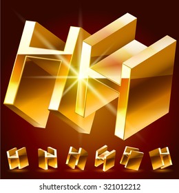 3D vector deluxe alphabet of randomly rotated thin golden symbols. All symbols in set have 8 random points of view. Letter H