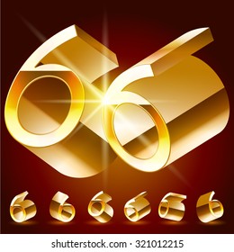 3D vector deluxe alphabet of randomly rotated thin golden symbols. All symbols in set have 8 random points of view. Number 6