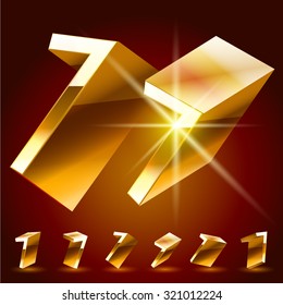 3D vector deluxe alphabet of randomly rotated thin golden symbols. All symbols in set have 8 random points of view. Number 7