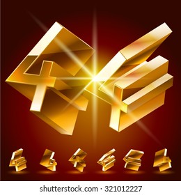 3D vector deluxe alphabet of randomly rotated thin golden symbols. All symbols in set have 8 random points of view. Number 4