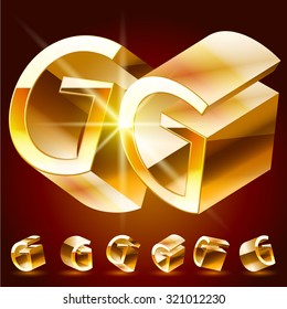 3D vector deluxe alphabet of randomly rotated thin golden symbols. All symbols in set have 8 random points of view. Letter G