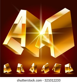 3D vector deluxe alphabet of randomly rotated thin golden symbols. All symbols in set have 8 random points of view. Letter A