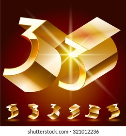 3D vector deluxe alphabet of randomly rotated thin golden symbols. All symbols in set have 8 random points of view. Number 3