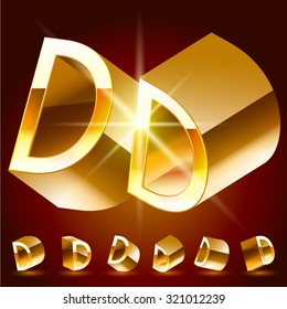 3D vector deluxe alphabet of randomly rotated thin golden symbols. All symbols in set have 8 random points of view. Letter D