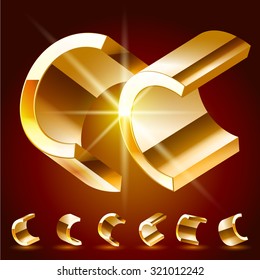 3D vector deluxe alphabet of randomly rotated thin golden symbols. All symbols in set have 8 random points of view. Letter C