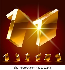 3D vector deluxe alphabet of randomly rotated thin golden symbols. All symbols in set have 8 random points of view. Number 1