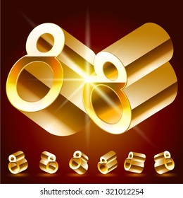 3D vector deluxe alphabet of randomly rotated thin golden symbols. All symbols in set have 8 random points of view. Number 8