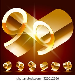 Alfabeto deluxe vector 3D de finos símbolos dorados girados al azar. Todos los símbolos en juego tienen 8 puntos de vista aleatorios. Número 9