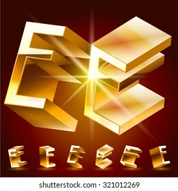 3D vector deluxe alphabet of randomly rotated thin golden symbols. All symbols in set have 8 random points of view. Letter E