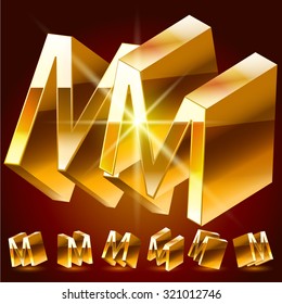 3D vector deluxe alphabet of randomly rotated thin golden symbols. All symbols in set have 8 random points of view. Letter M