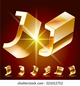 3D vector deluxe alphabet of randomly rotated thin golden symbols. All symbols in set have 8 random points of view. Letter J