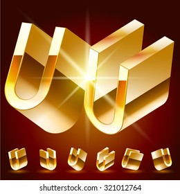 3D vector deluxe alphabet of randomly rotated thin golden symbols. All symbols in set have 8 random points of view. Letter U