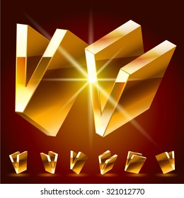 3D vector deluxe alphabet of randomly rotated thin golden symbols. All symbols in set have 8 random points of view. Letter V