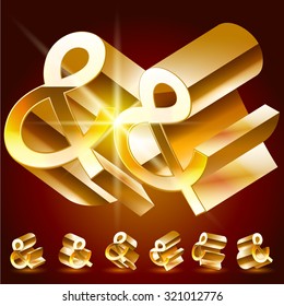 3D vector deluxe alphabet of randomly rotated thin golden symbols. All symbols in set have 8 random points of view. Symbol 