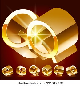 3D vector deluxe alphabet of randomly rotated thin golden symbols. All symbols in set have 8 random points of view. Letter Q