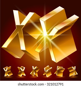 3D vector deluxe alphabet of randomly rotated thin golden symbols. All symbols in set have 8 random points of view. Letter X