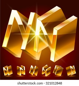 3D vector deluxe alphabet of randomly rotated thin golden symbols. All symbols in set have 8 random points of view. Letter N