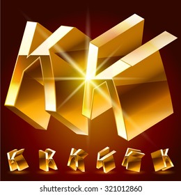 3D vector deluxe alphabet of randomly rotated thin golden symbols. All symbols in set have 8 random points of view. Letter K