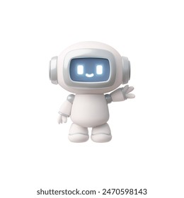 3D vector depicting a smiling robot raising its hand to say hello. A cute artificial intelligence mascot on a white background is perfect for the user interface.