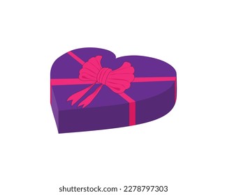 3d vector design of a birthday gift in the shape of a dark purple love or heart with an attractive and beautiful bow tie on the top and two other ribbons tied criss-cross at the corners of the gift