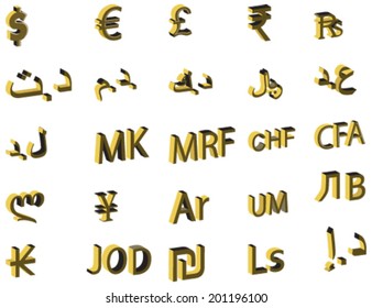 3D Vector design concept of currency symbols representing money on various countries. 