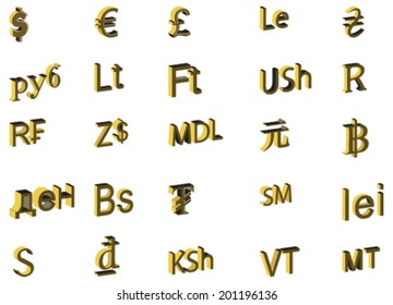 3D Vector design concept of currency symbols representing money on various countries. 