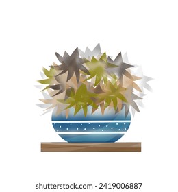 3D vector design plant in the vase. Illustration of colorful and line art flowers in a vase. Illustration Vector of Green brown Plant on blue Ceramic Pot.