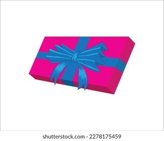 3d vector design of a side view of a birthday present in the shape of a thin elongated pink box with a blue wavy ribbon as a tie on top