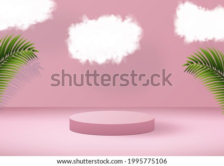 3D vector design. Tropical background with podium in pink color. Palm leaves and clouds decoration.