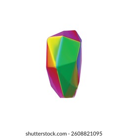 3D vector diamond with facets and colorful sparkling surface. Gemstone with shades of green, red and yellow colors. Jewelry. Cartoon style. Isolated background.
