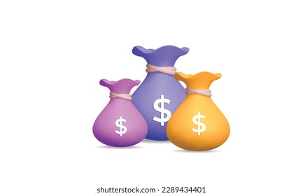 3d vector diferente grupo de color de bolsas de dinero, libras o saco con diseño de banner símbolo de monedas. Inversión, pago fácil de crédito, pago rápido en línea o idea de servicio de préstamo.