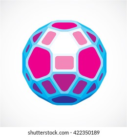 3d vector digital spherical object made using pentagons and square facets. Low poly shape, purple polygonal globe, abstract form for use in web design.