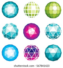 3d vector digital spherical objects made using different geometric facets. Polygonal orbs, low poly shapes collection for use in web design.