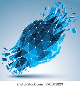 3d vector digital wireframe complicated object broken into different particles and fractions, geometric blue polygonal structure with dotted lines. Low poly shattered shape with luminescent effect.