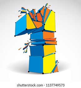 3d vector digital wireframe number one broken into different particles, geometric polygonal numeration with lines mesh. Low poly shattered typescript, colorful lattice element.